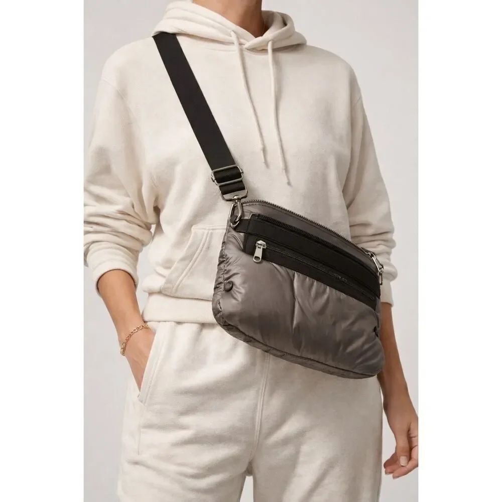 Athleta Carra Convertible Metallic Puffer Crossbody Bag Grey Silver Lightweight